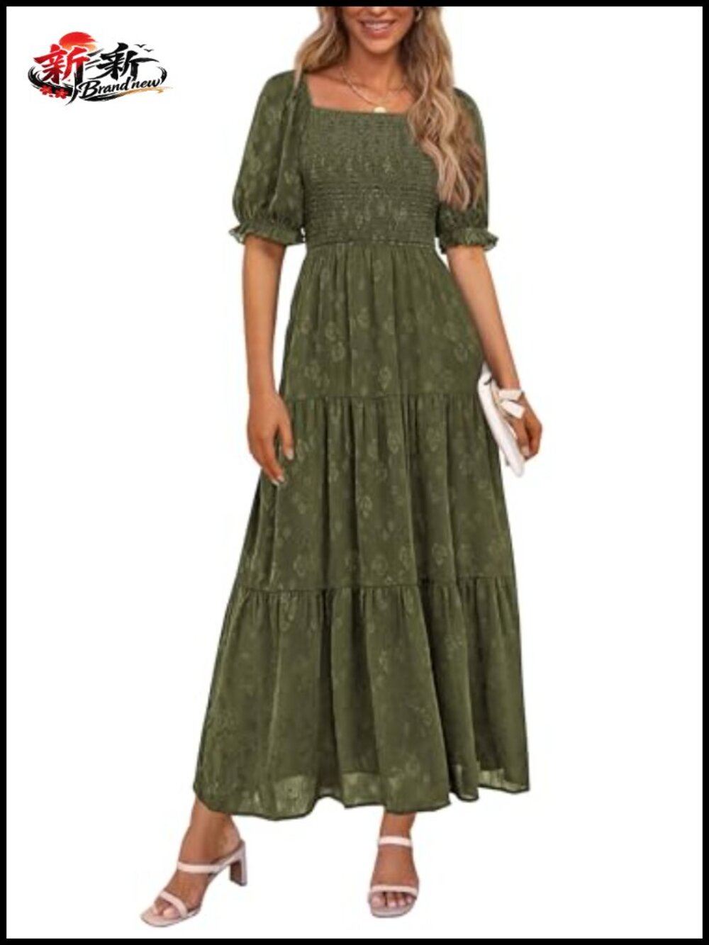 Women's Floral Midi Dress Square Neck Smocked Ruffle Short Sleeve A-Line Tiered